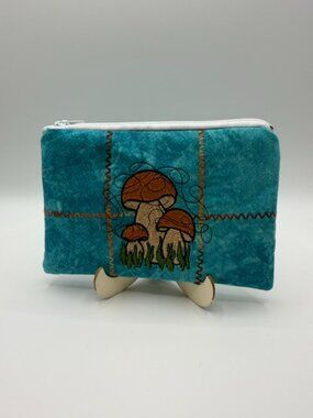 Homemade Blue Mushroom Embroidered Pouch